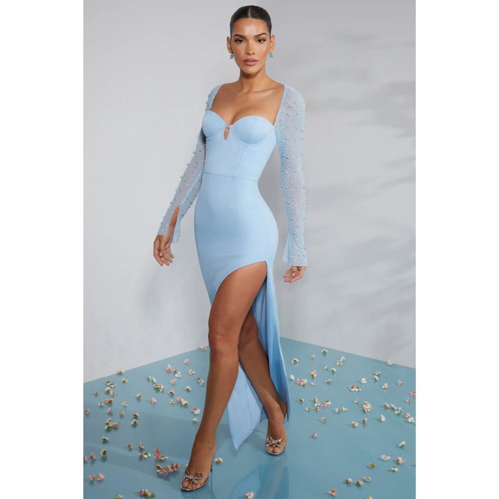 Oh Polly Powder Blue Embellished Long Sleeve Maxi Dress